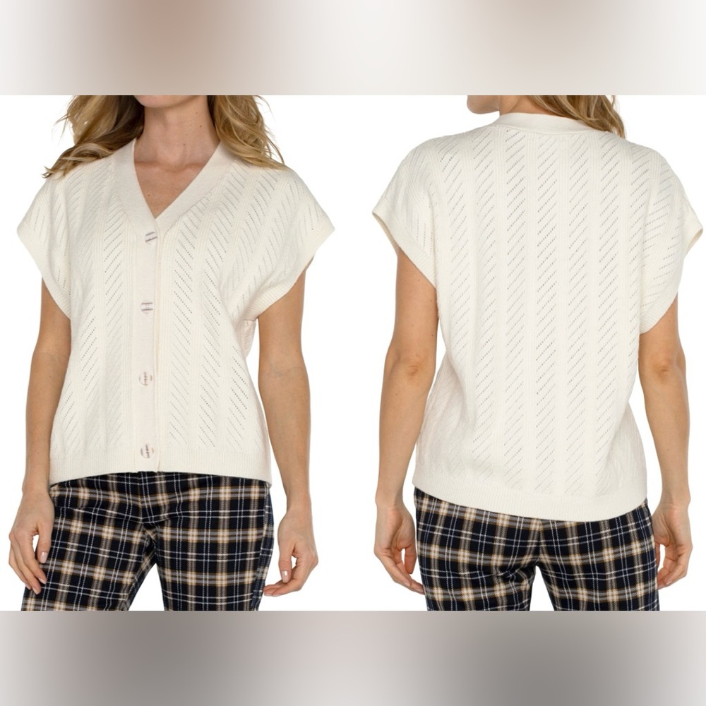 Liverpool Pointelle Button Front Cream Sweater Vest w/Dropped Shoulder, Size XL